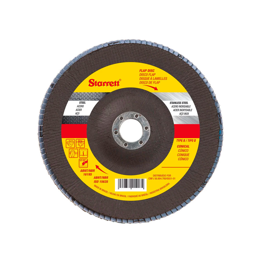 Disco de Flap Starrett em Fibra de Vidro Cônico, Grão de 100 e Diâmetro Externo 115mm