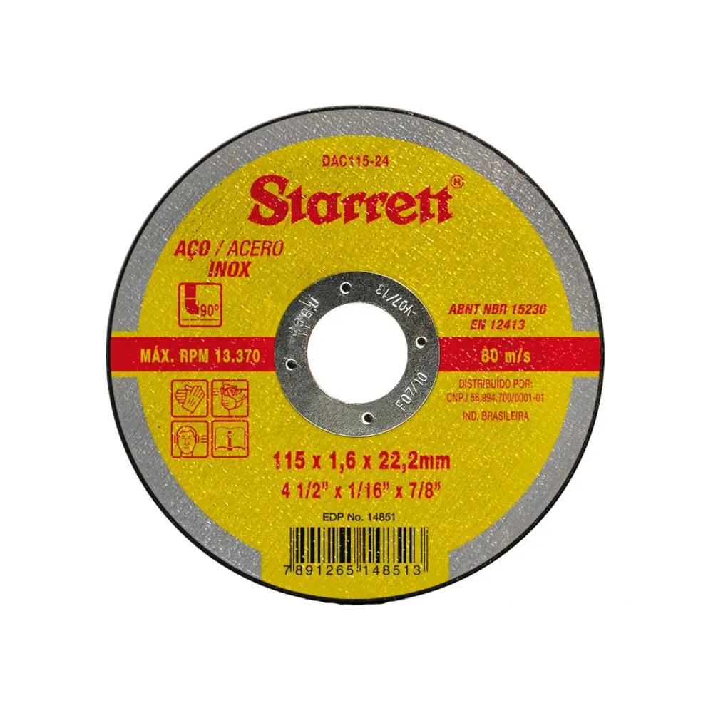 Disco Abrasivo de Corte, Diâmentro Externo 115mm, Furo 22,23mm, Espessura 1,6mm