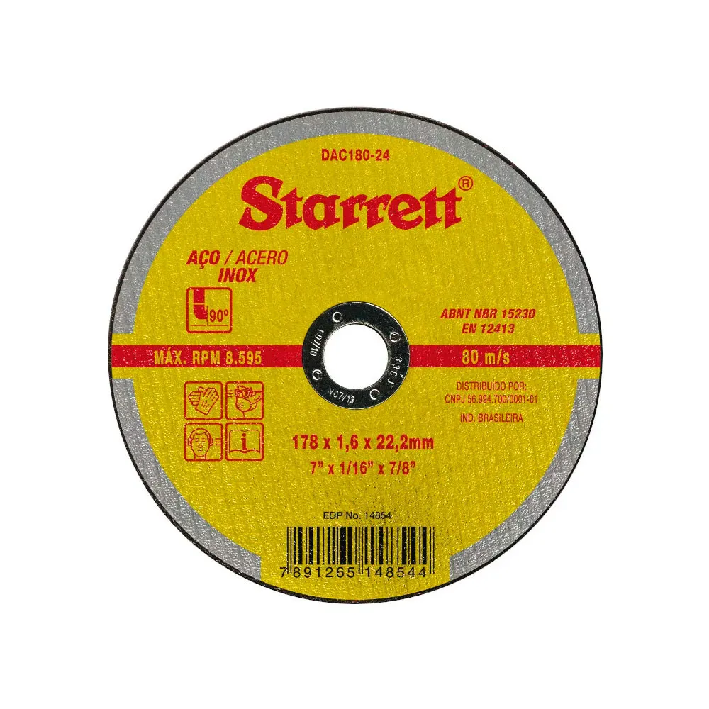 Disco Abrasivo de Corte, Diâmentro Externo 180mm, Furo 22,23mm, Espessura 1,6mm