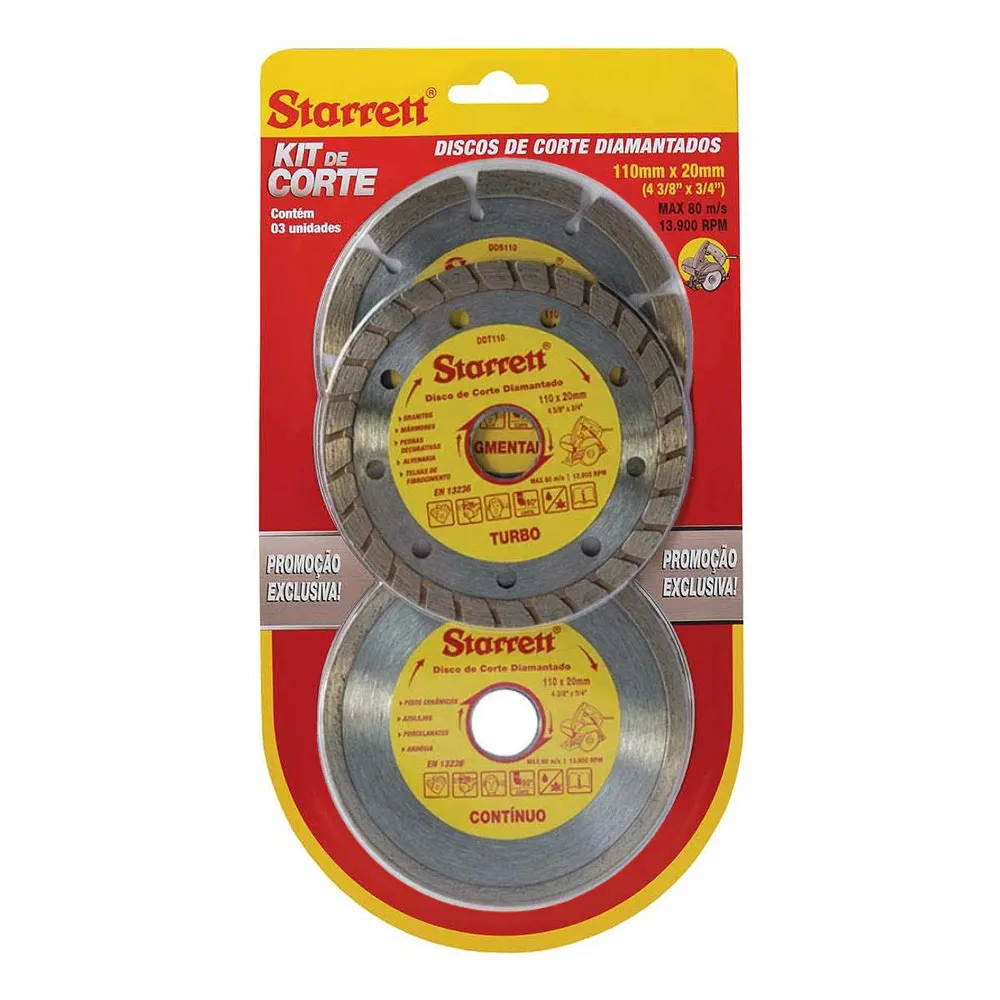 Kit Discos de Corte Diamantado Misto, Diâmentro Externo 110mm e Furo 20mm