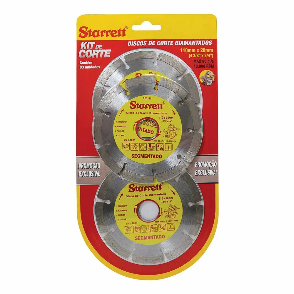 Kit Discos de Corte Diamantado Segmentado, Diâmentro Externo 110mm e Furo 20mm